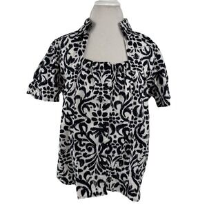 Cato Women's‎ XL Black & White Blouse Top Short Sleeves Button-up Cotton Stretch